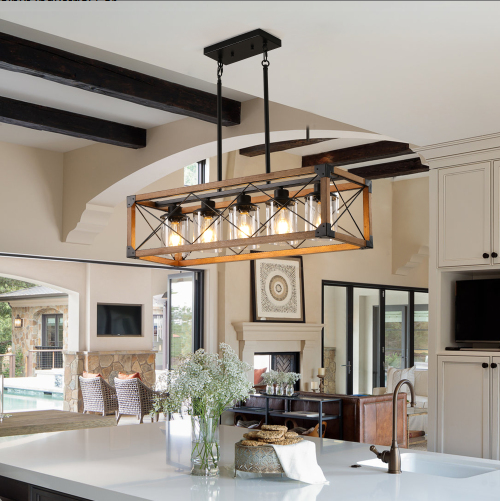 Walnut & Black Rectangular Pendant Light, Industrial Farmhouse Chandelier, 32 in.