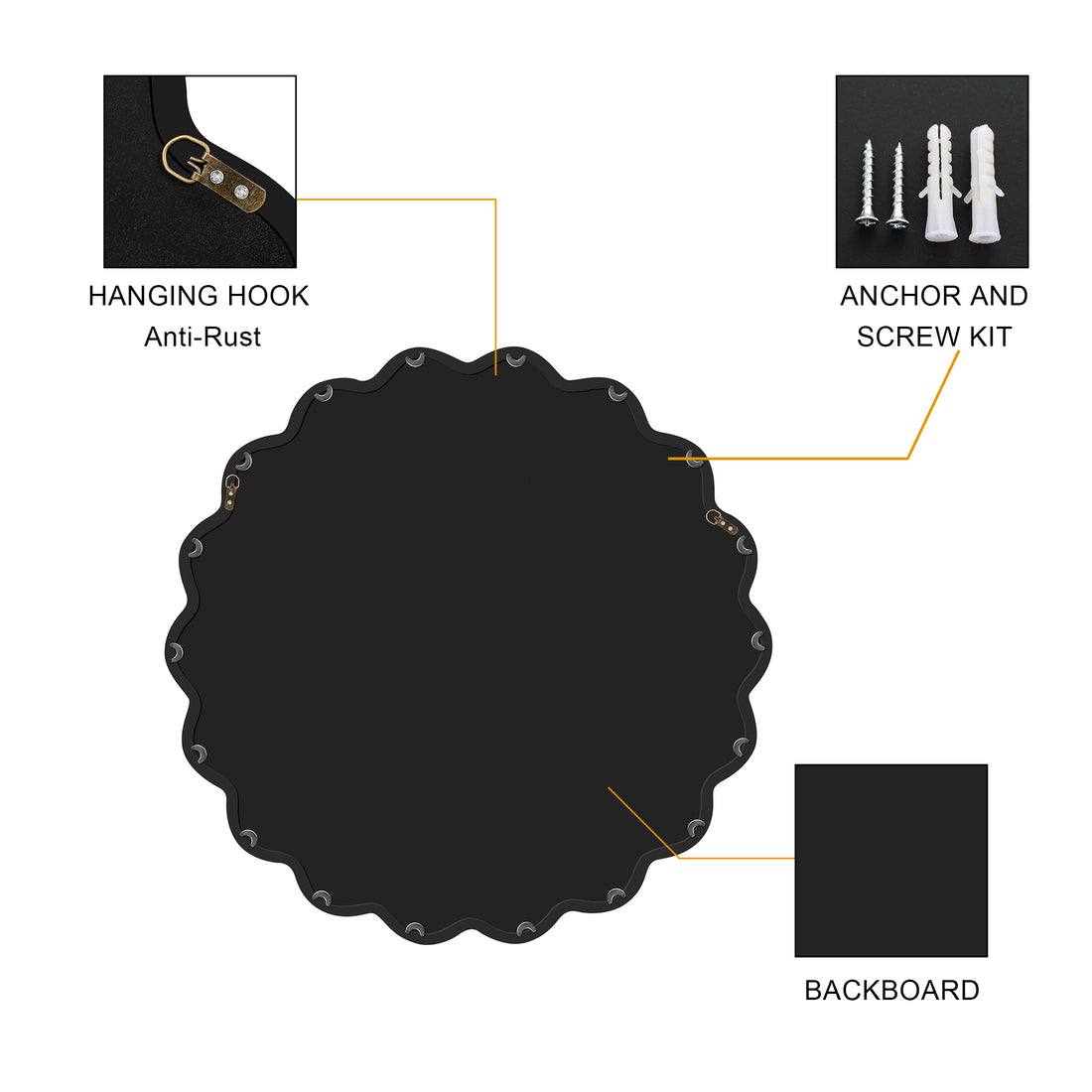 Solid Wood Wavy Mirror-Black Vanity Mirror Wall Decor 36X 36 Modern Mi