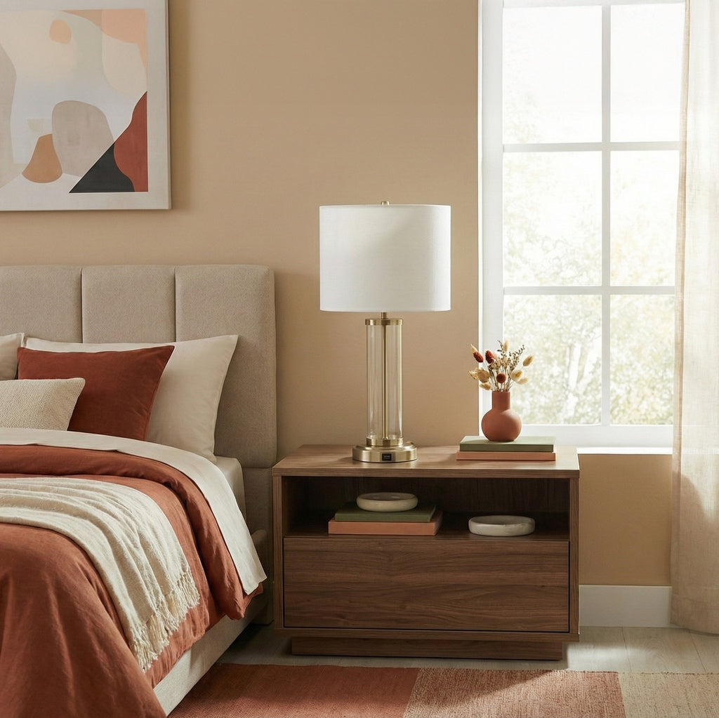 Luna Brushed Nickel Table Lamp With On Off Switch Clear Glass Body Met