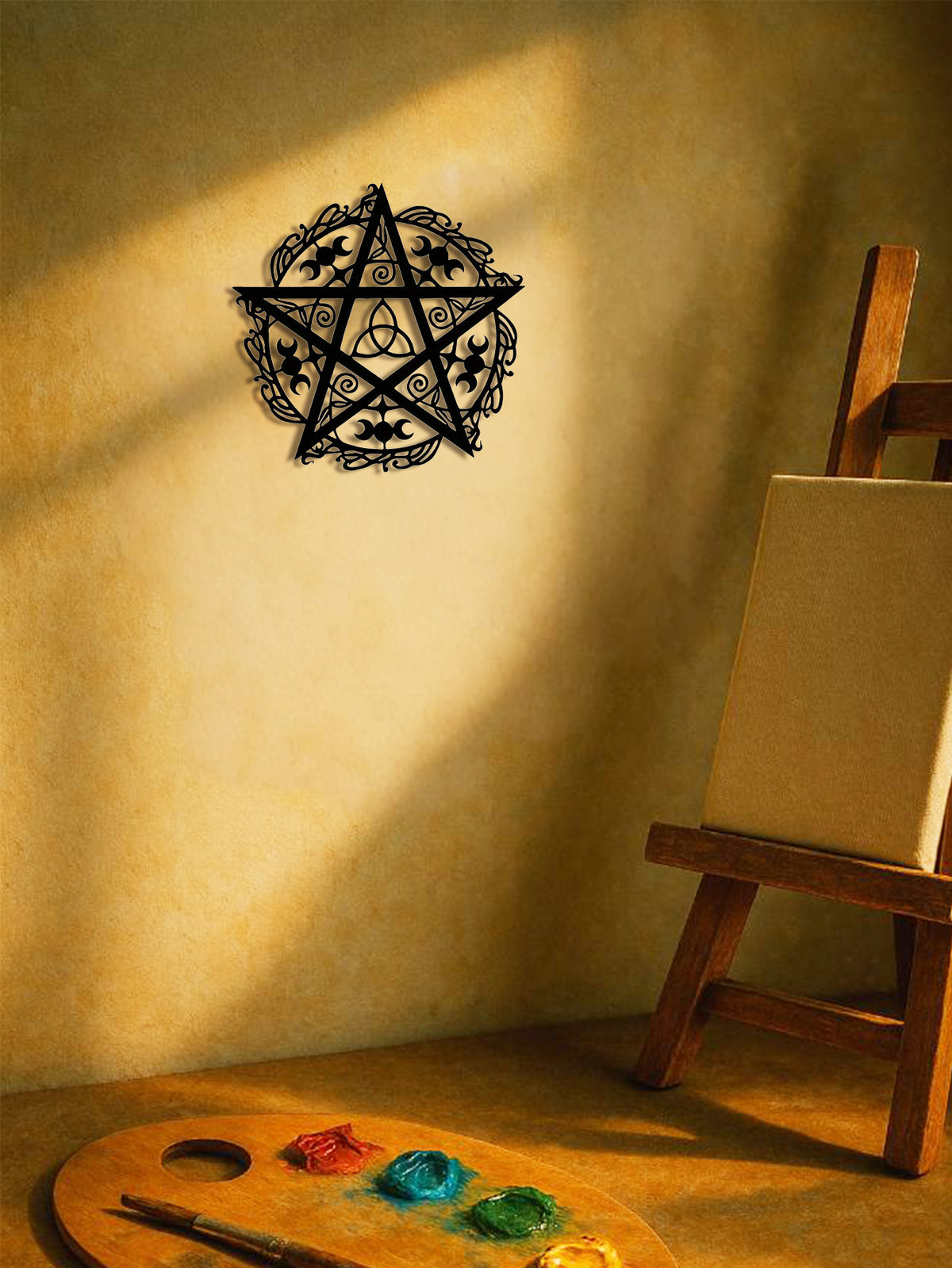 Triple Moon Pentagram Iron Wall Art, Celestial Metal Sculpture, for Living Room Wall — detail view