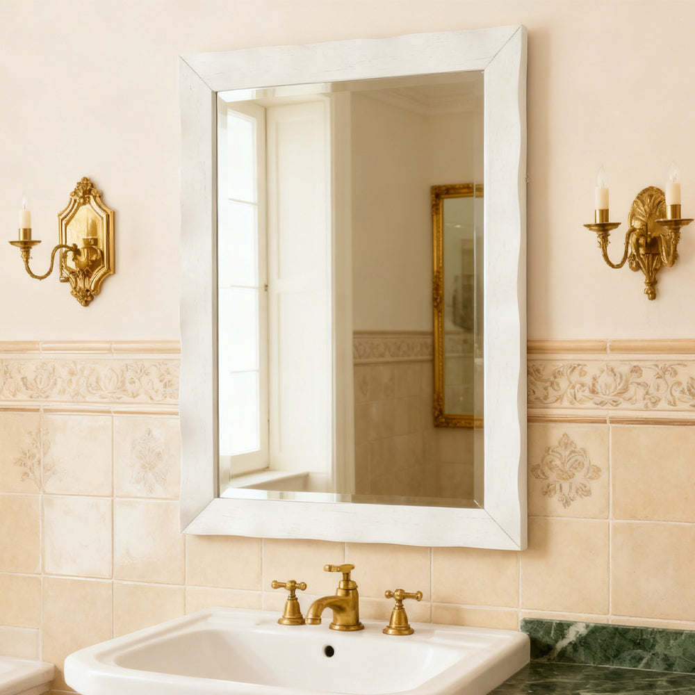 Farmhouse Solid Wood-Framed Wall Mirror, Rustic Rectangular Vanity Mirror, 41.5 x 28 in. for Bathroom — White