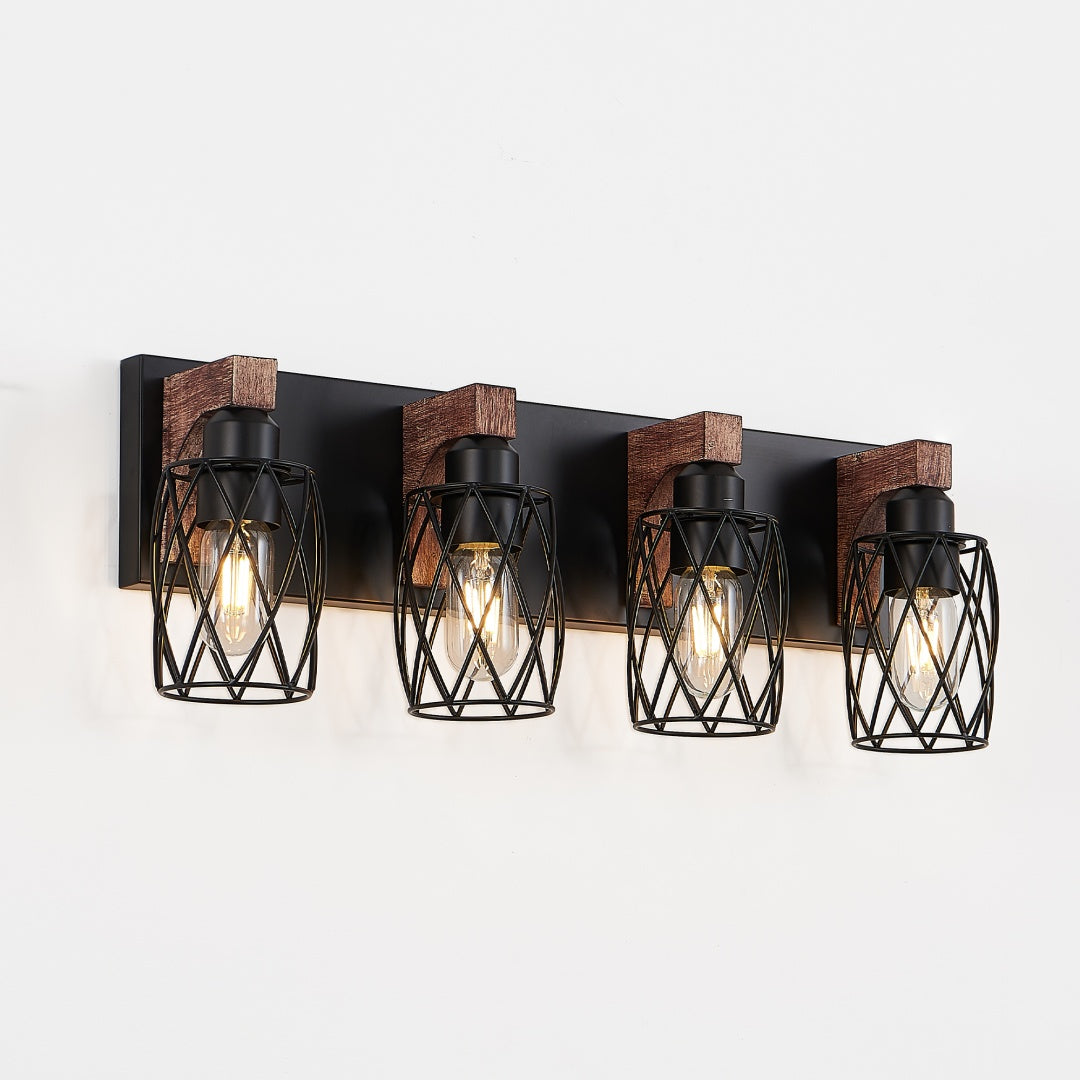 Industrial 4-Light Wall Sconce, Black Wire Cage with Wood Accents, 24 in. for Hallway — detail view 2