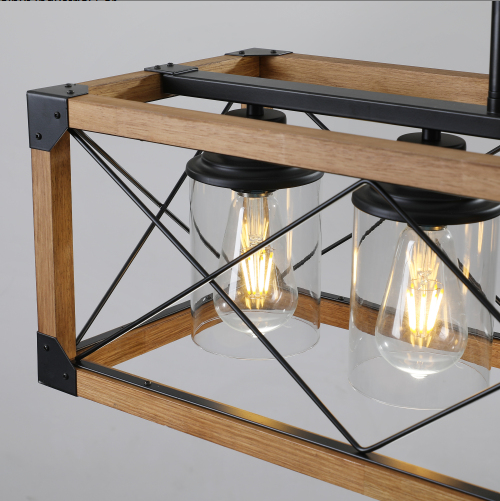 Walnut & Black Rectangular Pendant Light, Industrial Farmhouse Chandelier, 32 in.