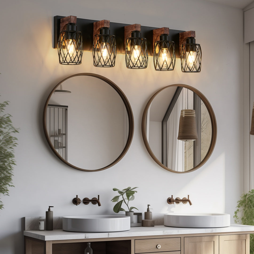 Industrial 5-Light Wall Sconce, Black Wire Cage with Wood Accents, 31 in. for Hallway — detail view 2