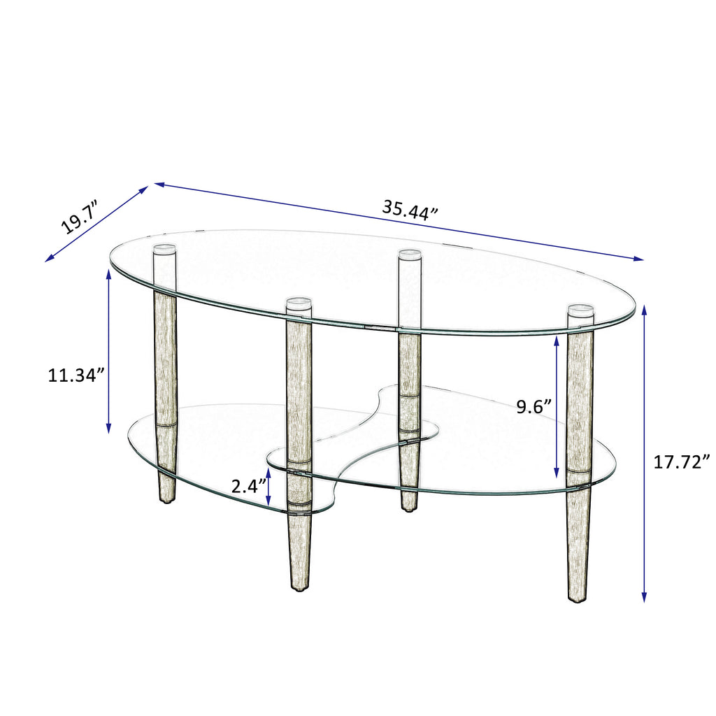 Three-Tier Oval Glass Coffee Table with Oak Legs