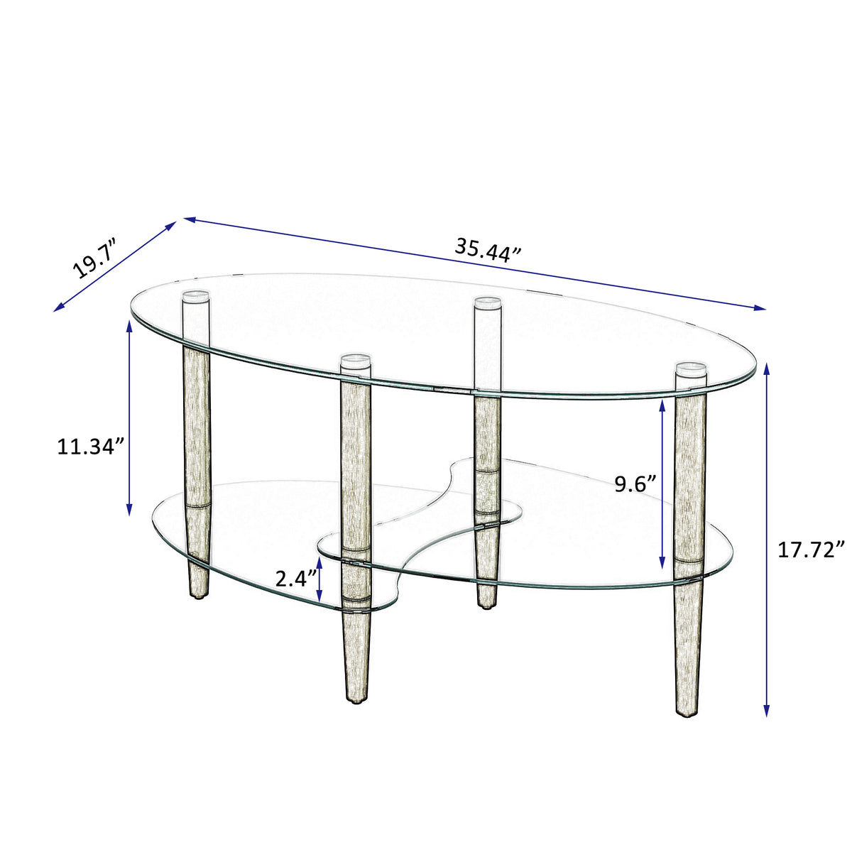 Three-Tier Oval Glass Coffee Table with Oak Legs