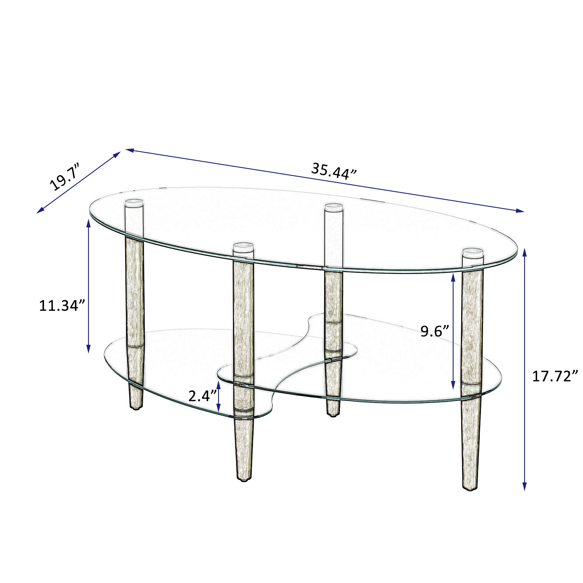 Three-Tier Oval Glass Coffee Table with Oak Legs