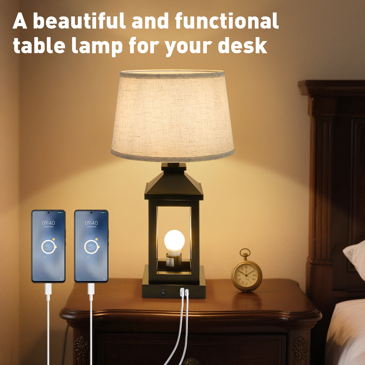 Farmhouse Metal Table Lamp, Linen Shade Square Frame, Black, 20.5 in. for Living Room — detail view