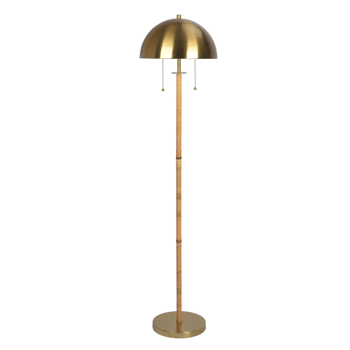 Brass 2-Light Floor Lamp, Natural Rattan Details, Double Pull Chain, Gold Finish — detail view 2
