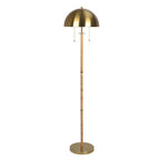 Brass 2-Light Floor Lamp, Natural Rattan Details, Double Pull Chain, Gold Finish
