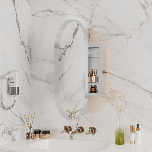 20x34 Inch Oval Recessed Metal Frame Bathroom Wall Cabinet With Mirror