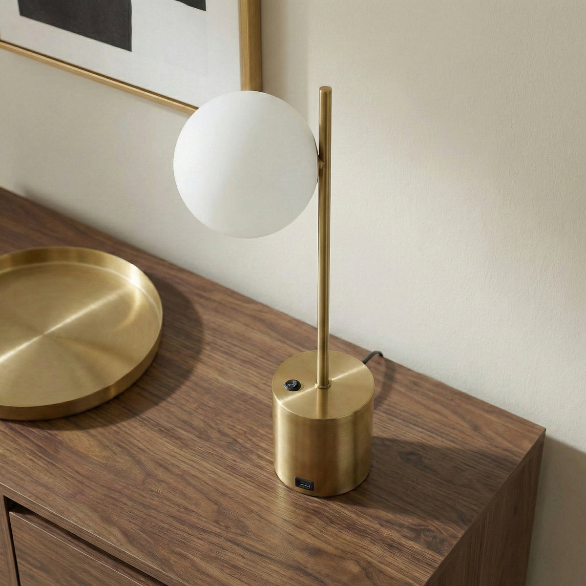Modern Brass Metal Table Lamp with White Glass Globe Shade, Small — detail view 2