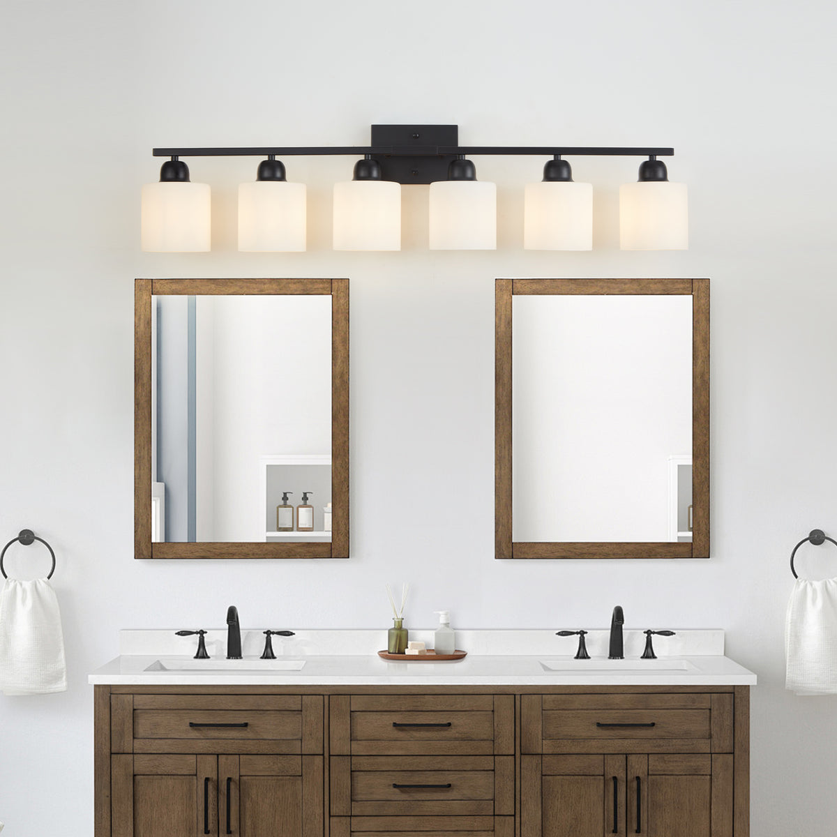 6-Light Bathroom Vanity Light, Matte Black, Milky White Glass Shades for Bathroom Mirror — detail view 3