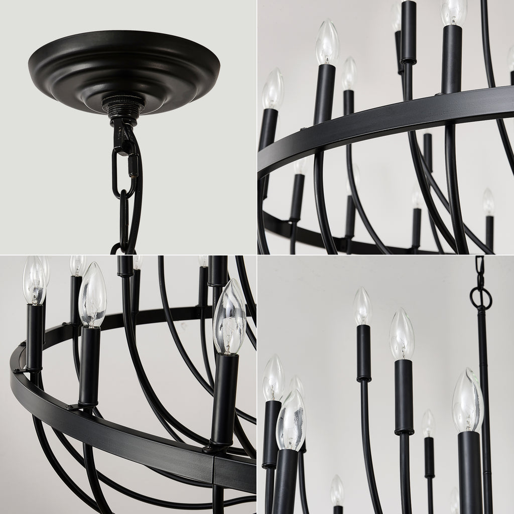 24-Light Iron Candle Chandelier, Matte Black Farmhouse, 39 In. Wide