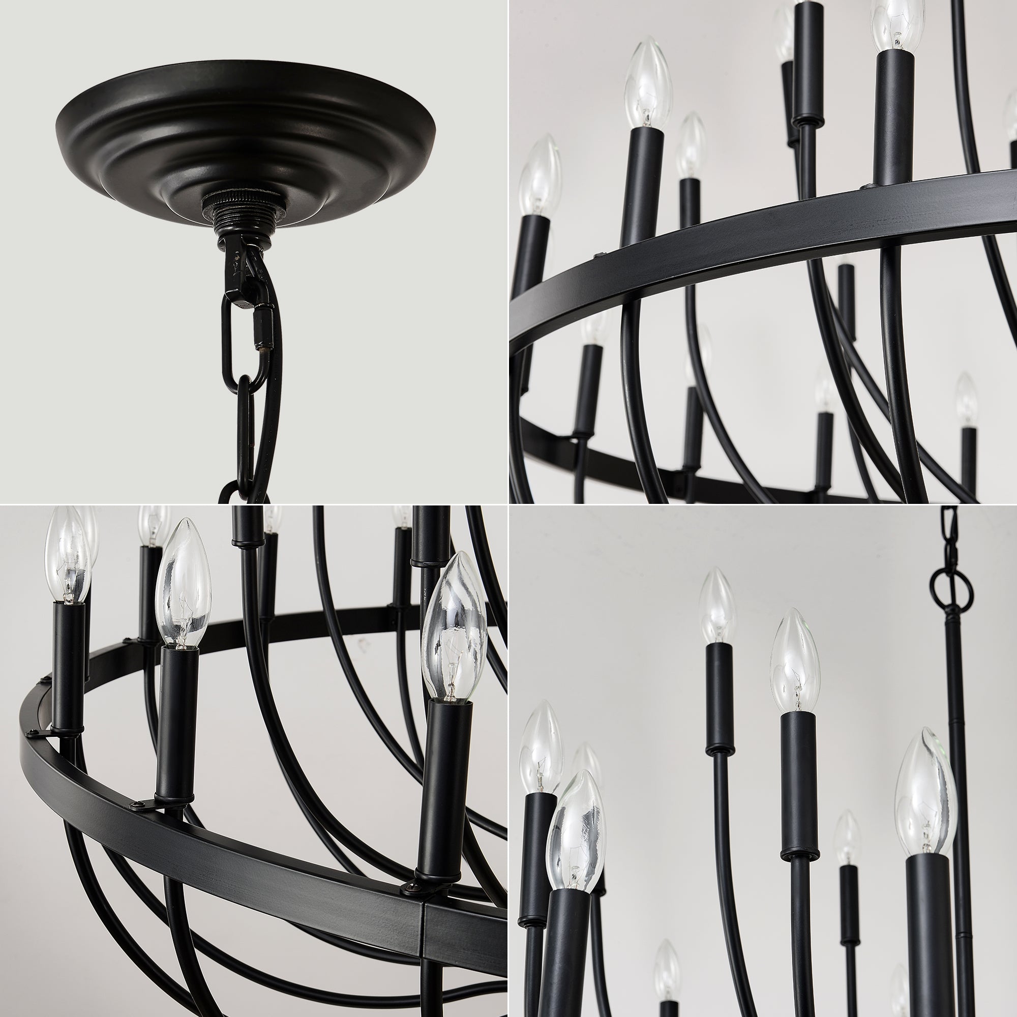 24-Light Iron Candle Chandelier, Matte Black Farmhouse, 39 In. Wide