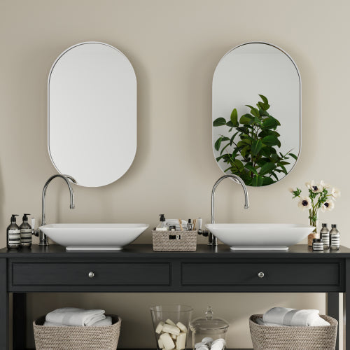 Oval Recessed Medicine Cabinet with Mirror, Metal Frame, White, 20x34 in., for Bathroom — detail view 2