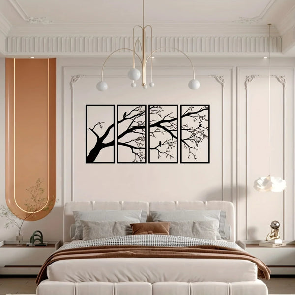 Modern Aluminum Wall Art, Branch and Flying Bird Design, Set of 4 for Living Room — detail view 2