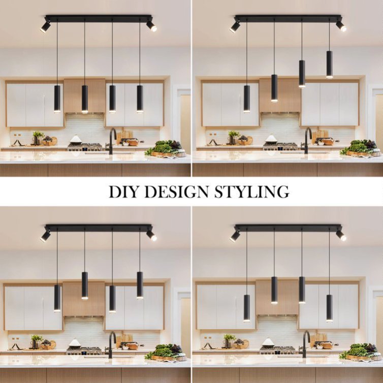 Modern Cylinder Kitchen Island Pendant Light, 6-Light, Matte Black, 39 in. — detail view 3