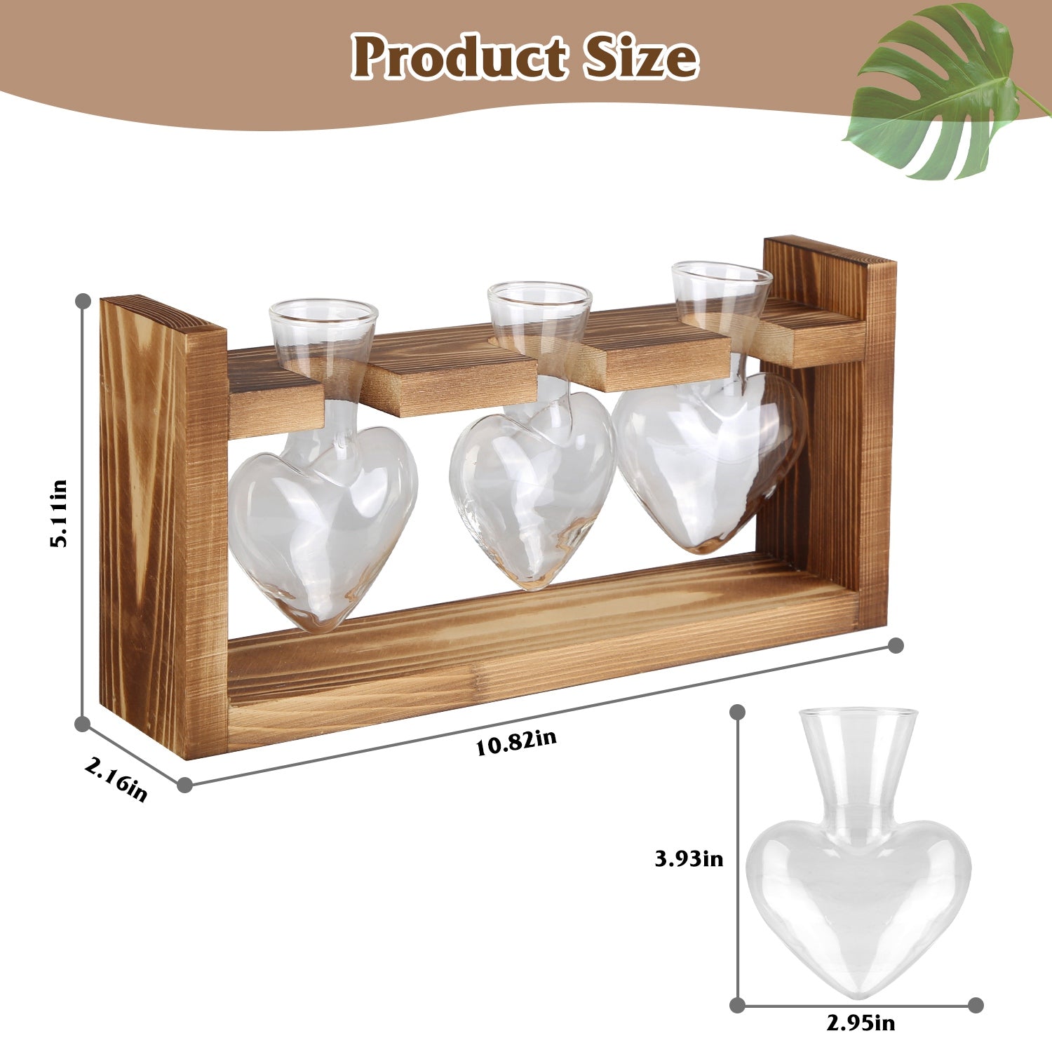 Wood Plant Propagation Station Terrarium, 3 Heart-Shaped Glass Vases