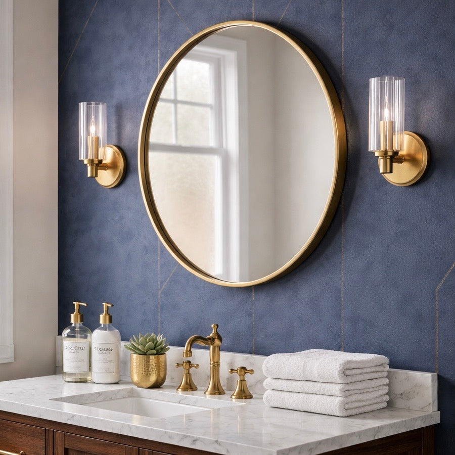 Single-Light Wall Sconce, Clear Ribbed Glass Shade, Satin Brass Finish, for Bathroom — detail view 3
