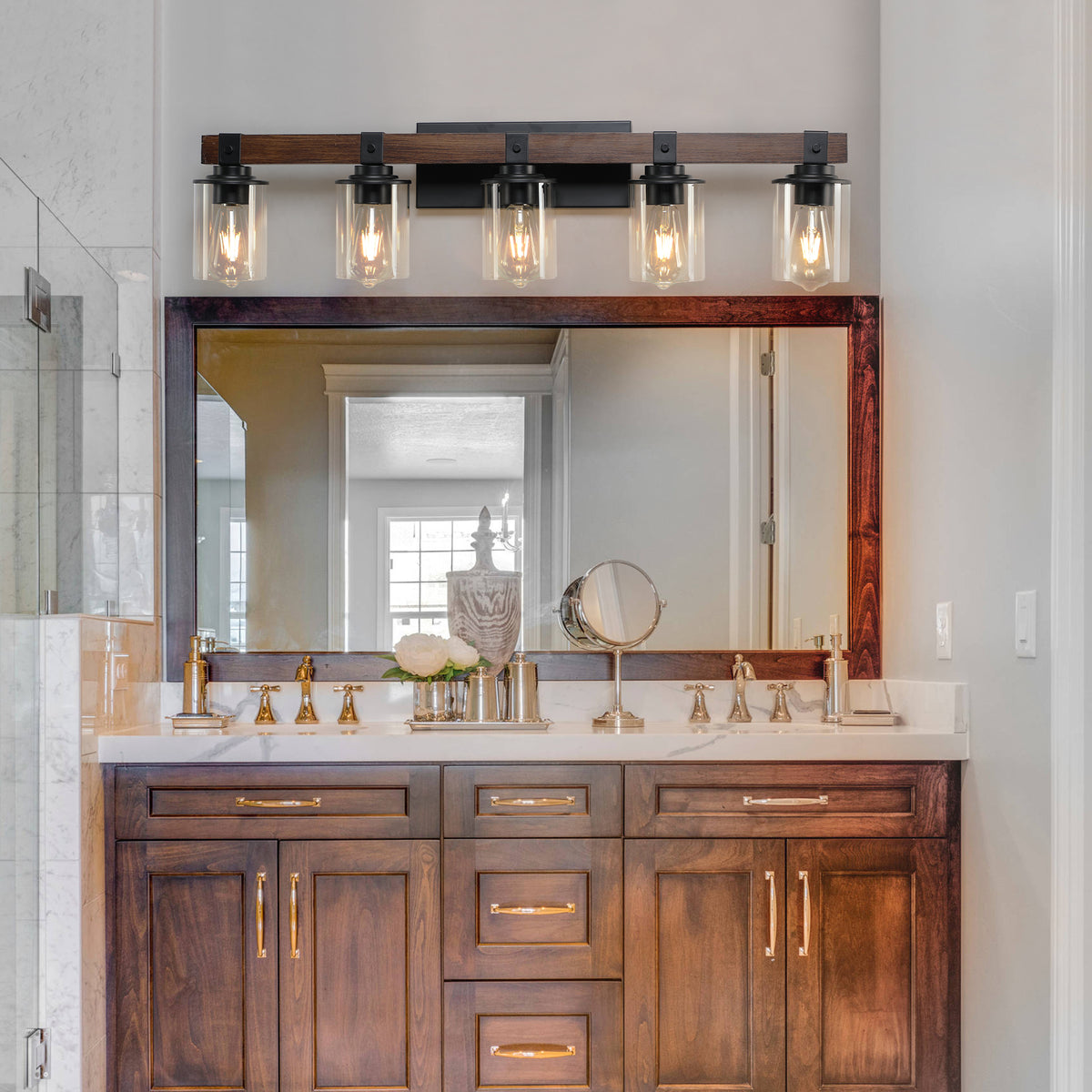 Rustic 5-Light Vanity Light, Black and Wood Farmhouse Design, 35 in., for Bathroom — detail view
