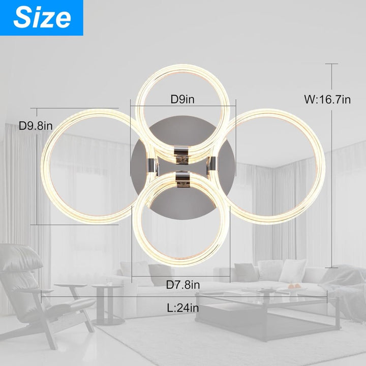 Dimension diagram for Modern LED Ceiling Light, 4-Head Acrylic Flush Mount