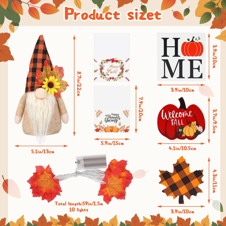 Dimension diagram for Fall Gnome Tiered Tray Decor Set, Farmhouse Pumpkin and Maple Leaf Accents, Set of 5 for Autumn Table
