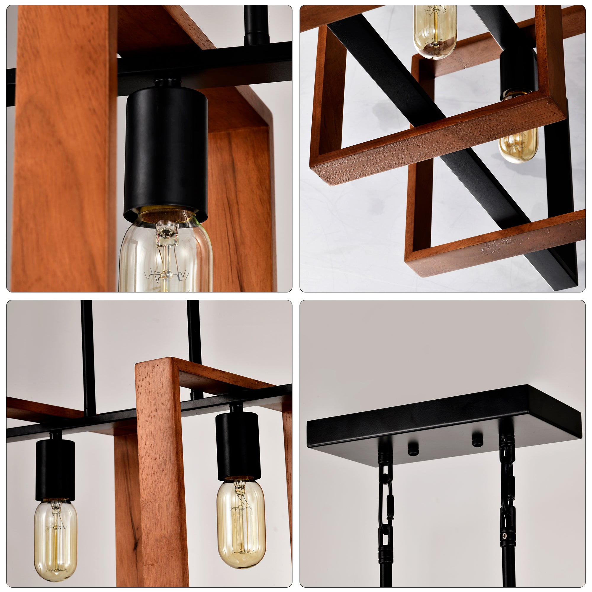 Rustic Wood & Black 4-Light Farmhouse Pendant Light, Kitchen Island Fixture