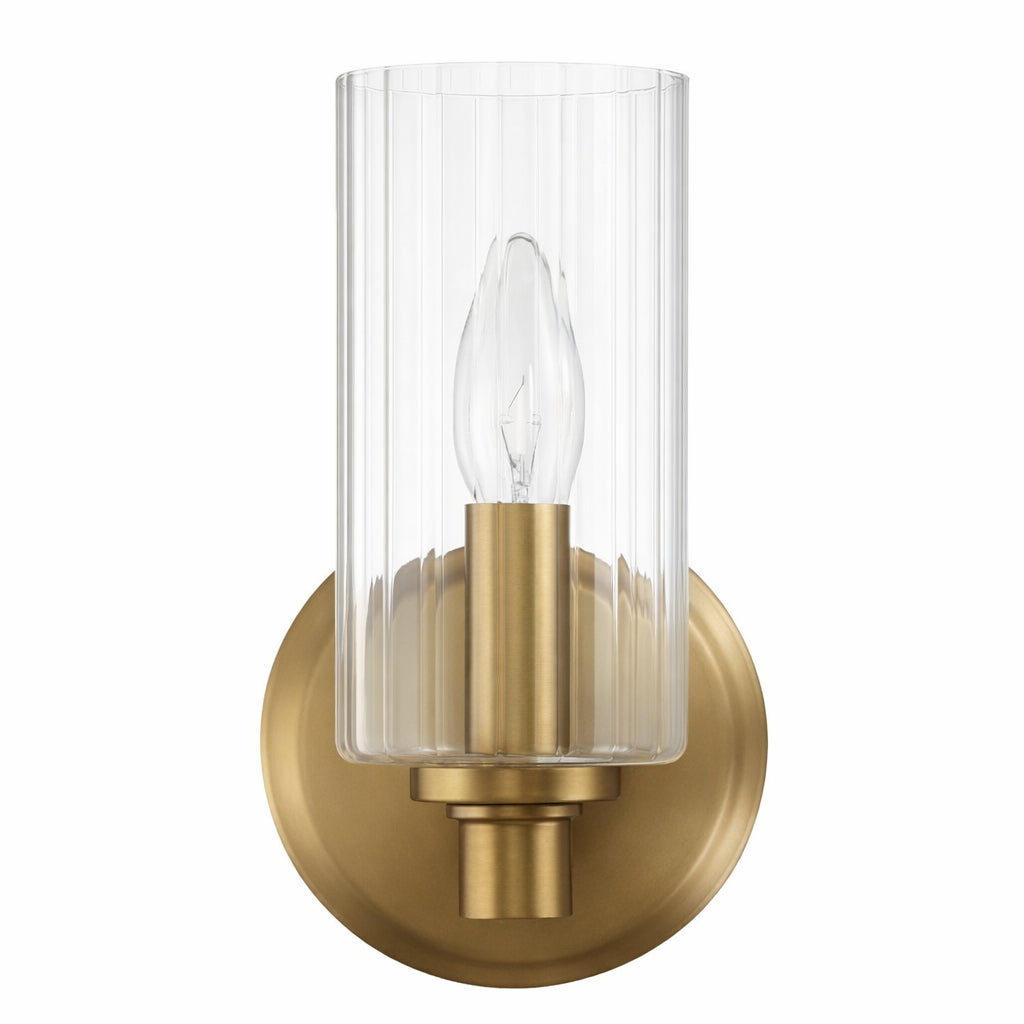 Single-Light Wall Sconce, Clear Ribbed Glass Shade, Satin Brass Finish, for Bathroom — detail view
