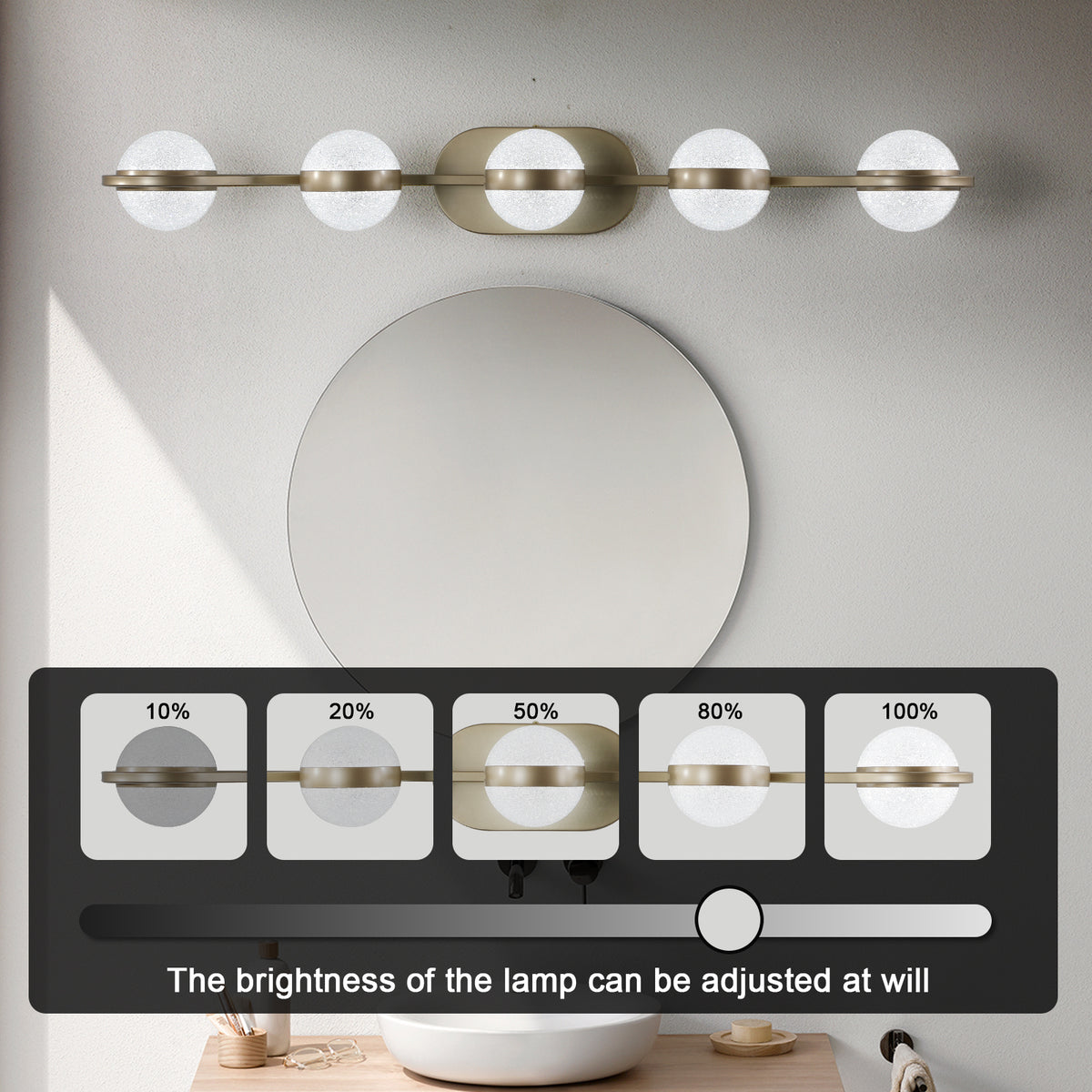 Modern 5-Light Bathroom Vanity Light Fixture, Wall-Mounted Over Mirror, for Powder Room — detail view