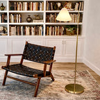 Curved Brass Floor Lamp, Ring Base, Triangle Drum Shade, Gold & White Finish