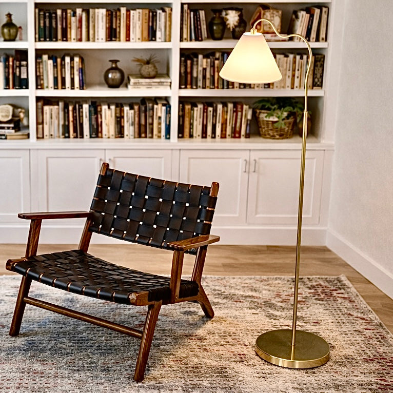 Curved Brass Floor Lamp, Ring Base, Triangle Drum Shade, Gold & White Finish — detail view