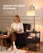 Farmhouse Metal Floor Lamp with End Table, Storage Shelf, Built-In Charging, Black Finish