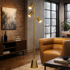 Brass Gold LED Floor Lamp, Rotary Switch, Triple Spotlights, Cone Base