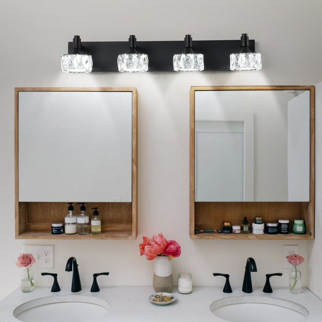 Crystal Glass Vanity Light, 4-Light Matte Black LED Bathroom Fixture