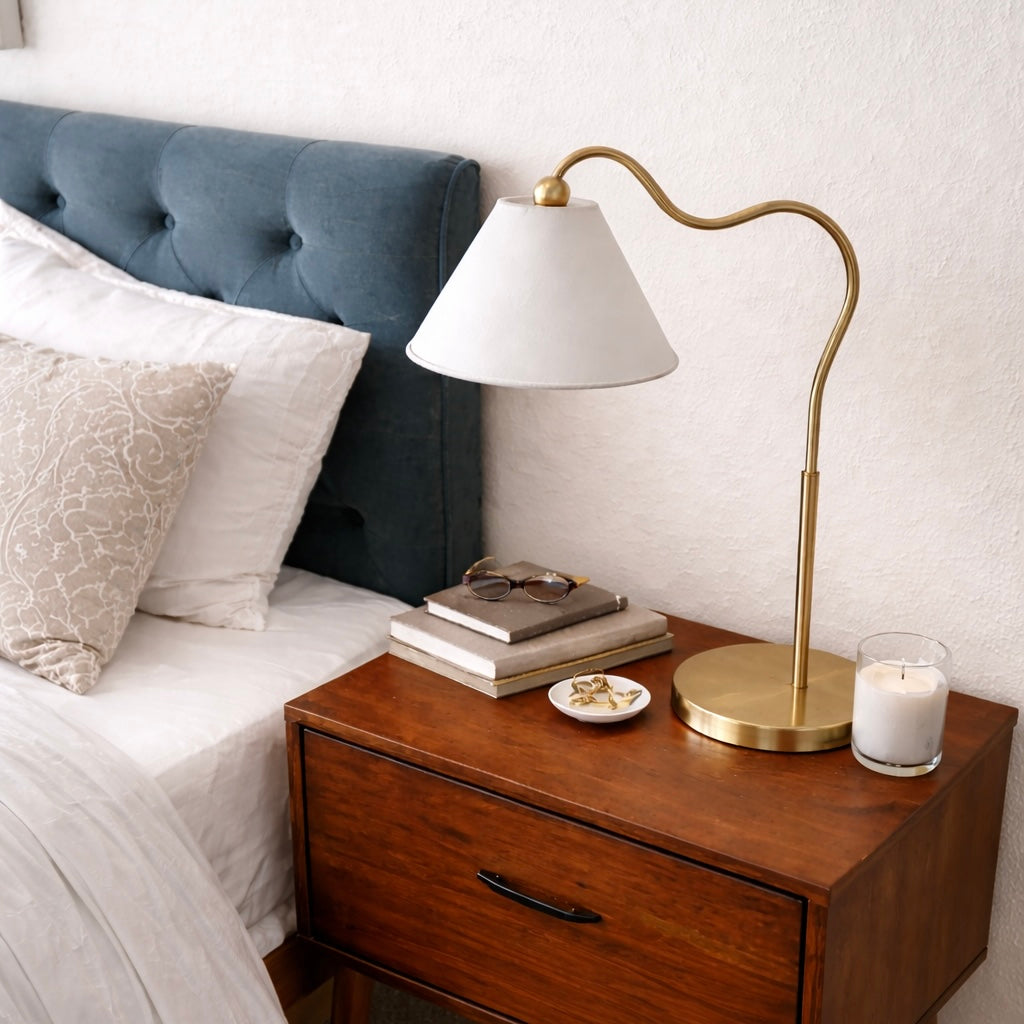 Ornate Brass Ring Base Curved Table Lamp with Triangle White Drum Shade, 18.25 in. — detail view 2