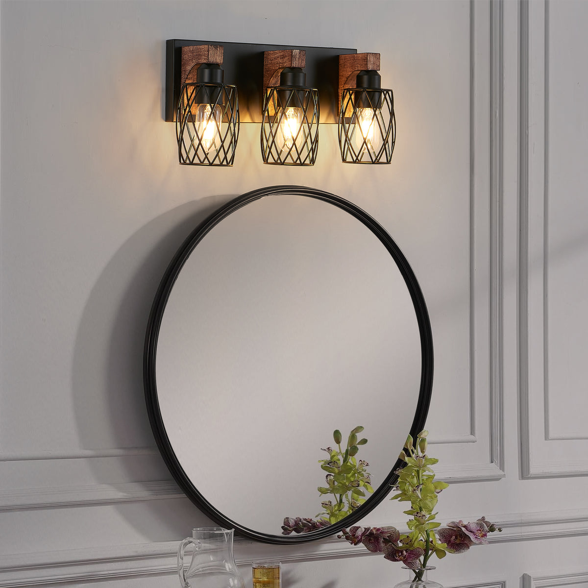 Industrial Vintage 3-Light Wall Sconce, Wire Cage Shades with Wooden Accents, Walnut and Black, 18 in. for Hallway — detail view 3