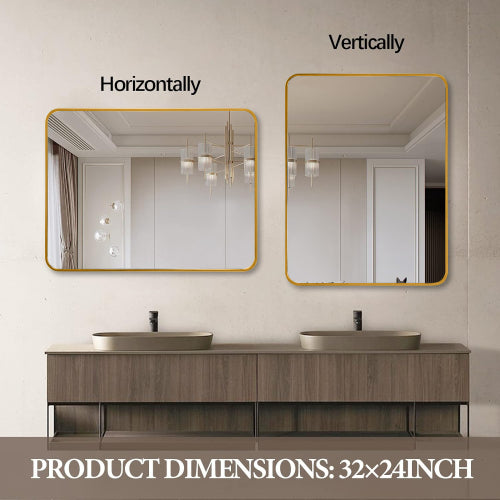 Dimension diagram for Modern Gold Metal-Framed Rectangular Wall Mirror, Vanity Mirror, 24 x 32 in. for Bathroom