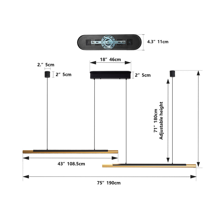 Dimension diagram for Modern LED Pendant Light, Adjustable Hanging, Black & Gold Finish, 75 in.