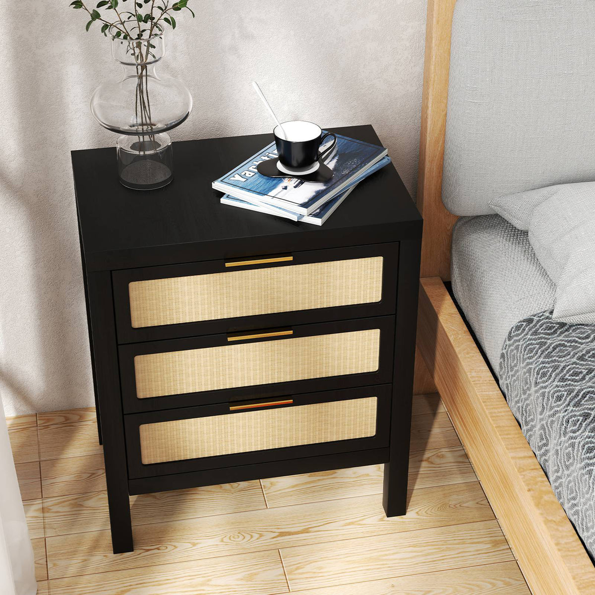 Three-Drawer Bedside Chest, Matte Black