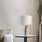 Brass and Glass Cloche Table Lamp, White Drum Shade