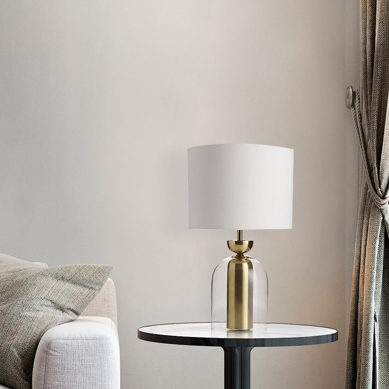 Brass and Glass Cloche Table Lamp, White Drum Shade