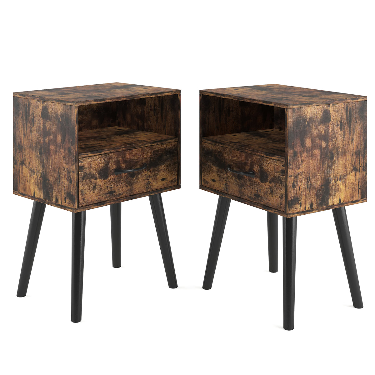 Mid-Century Nightstand Set of 2, Storage Drawer and Open Shelf