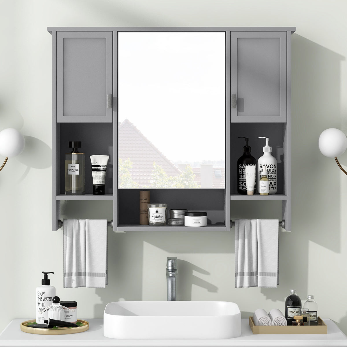 Modern Wall-Mounted Bathroom Medicine Cabinet with Mirror, Grey Storage Cabinet, 35 x 28 in. — detail view 2