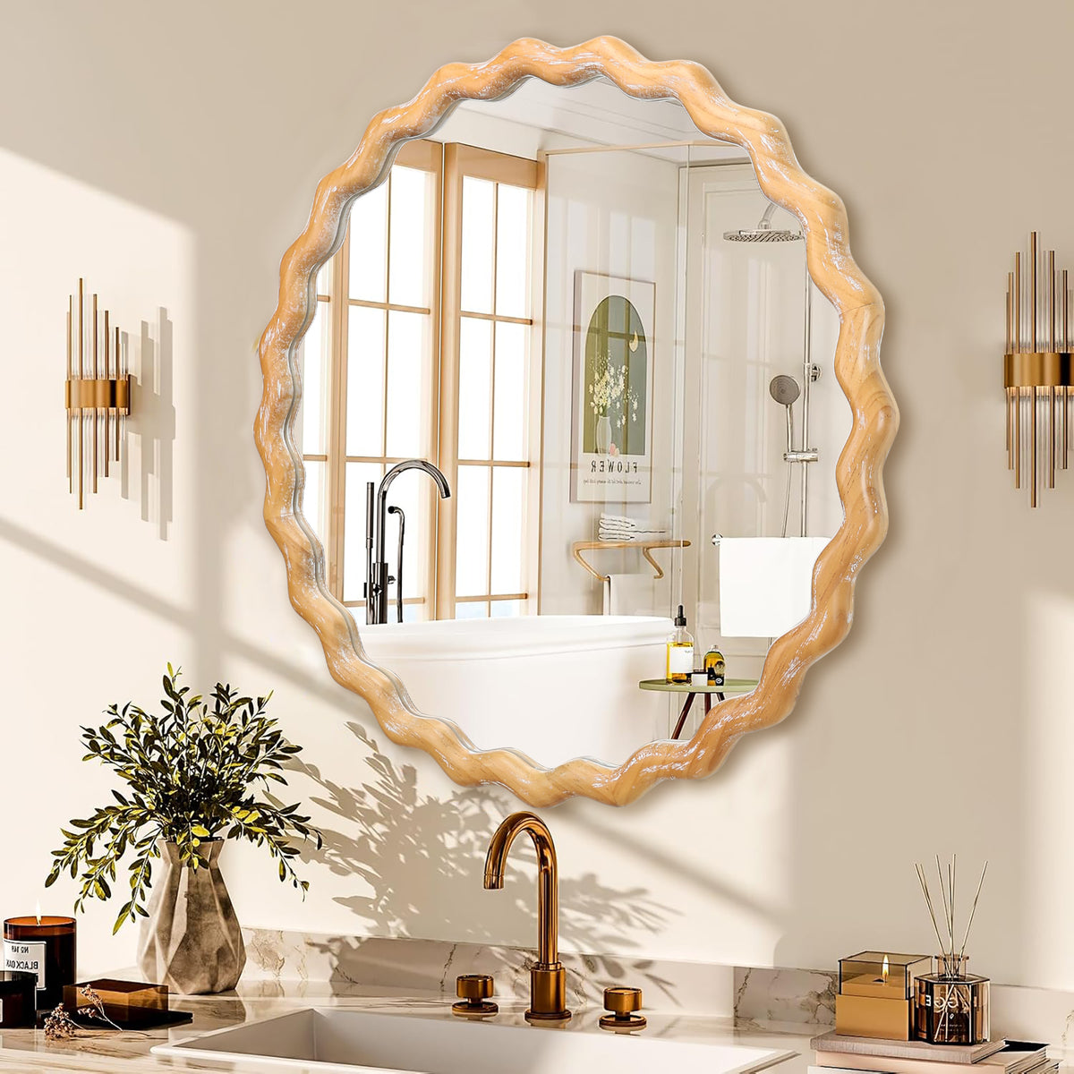 Farmhouse Wood Round Wavy Wall Mirror, Scalloped Vanity Mirror, Antique Natural, 27.5 in. for Bathroom — detail view 2