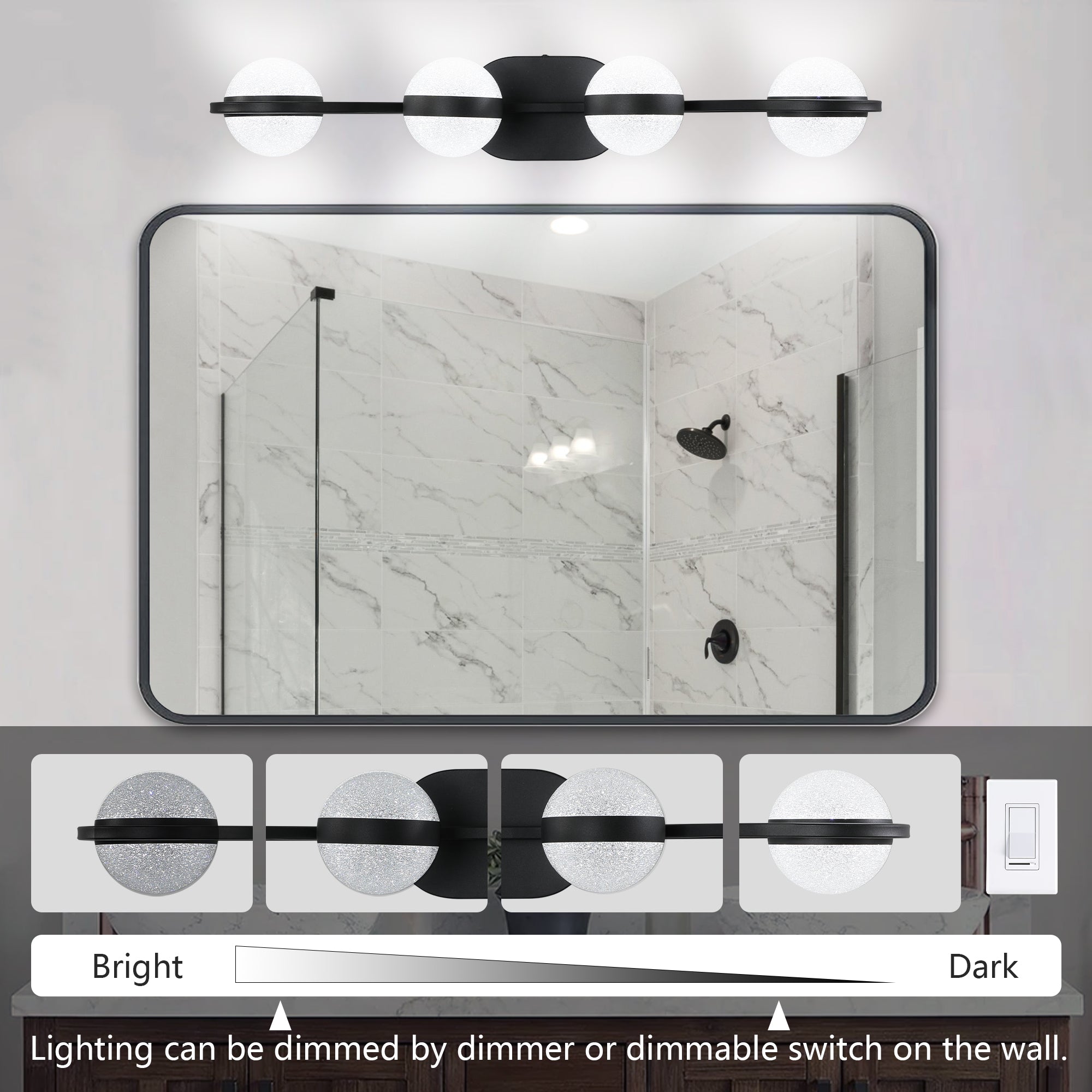 30in Black Minimalist LED Bathroom Vanity Light With Crystal Sand Acry