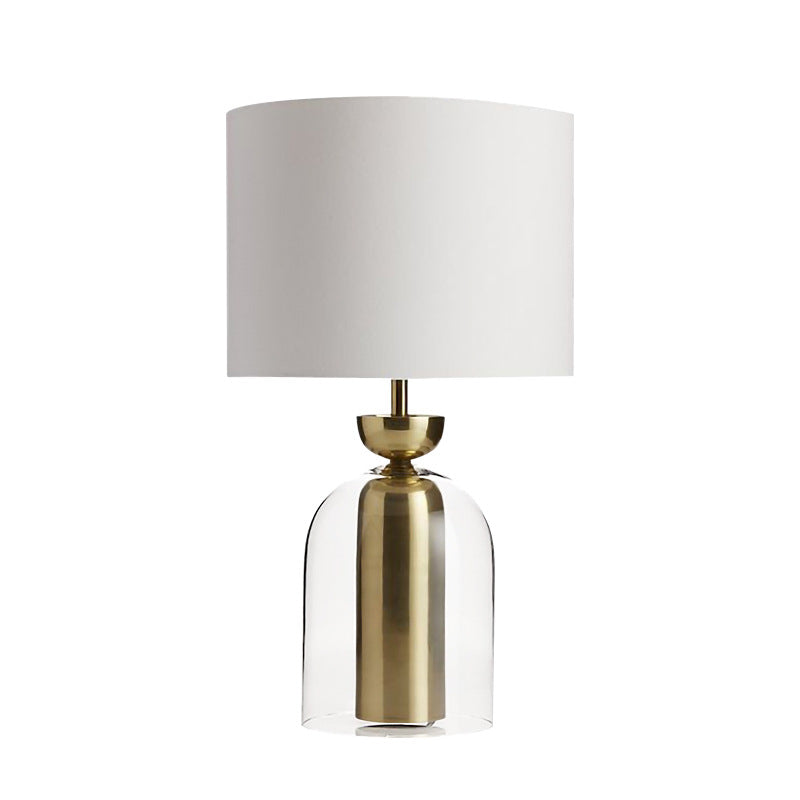 Brass and Glass Cloche Table Lamp, White Drum Shade