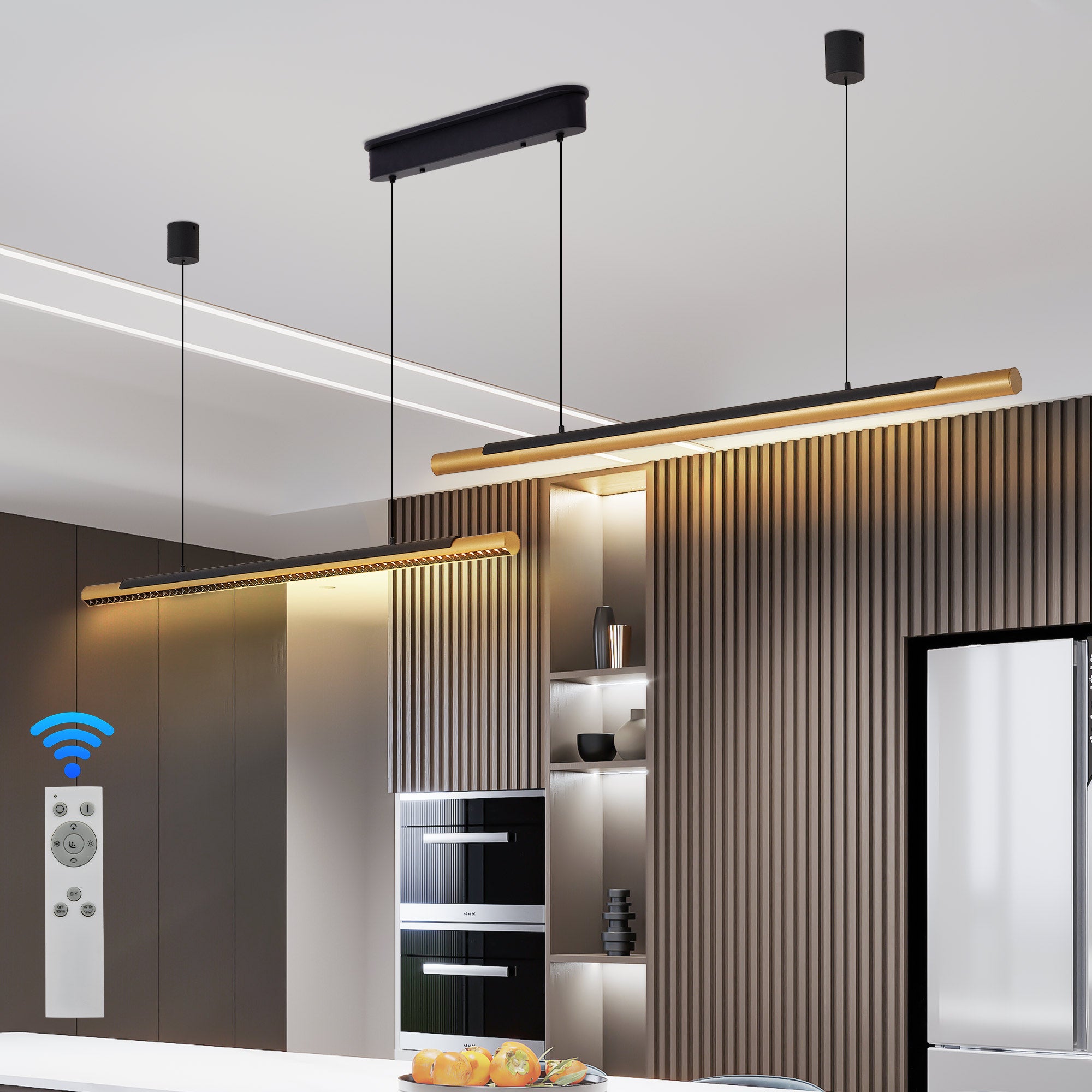 Modern LED Pendant Light, Adjustable Hanging, Black & Gold Finish, 75 in.