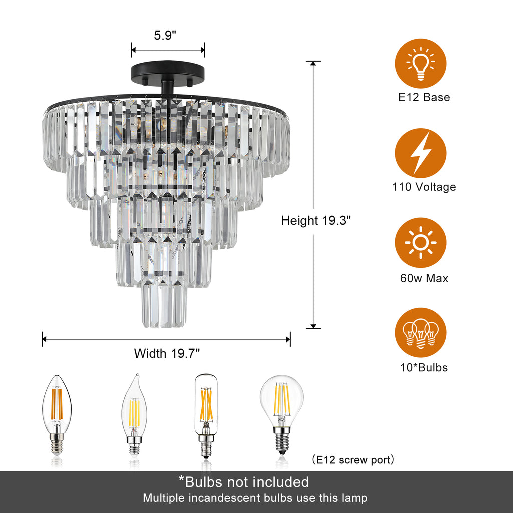 Black K9 Crystal Chandelier, Elegant Ceiling Light Fixture, 20 in.