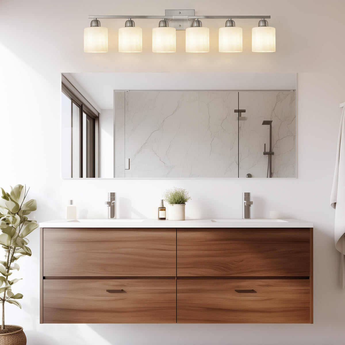 Modern 6-Light Vanity Light Bar, Milky White Glass Shades, Nickel, 38 in. for Bathroom — detail view 2